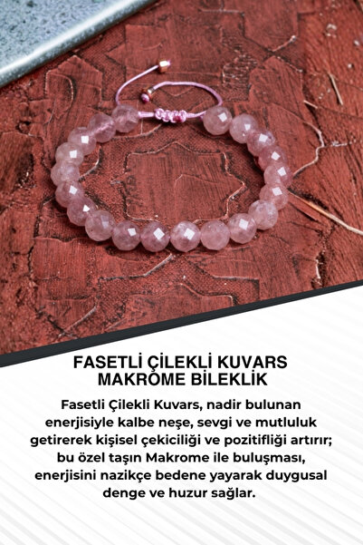 Saff Doğal Taş Fasetli Çilekli Kuvars Makrome Bileklik