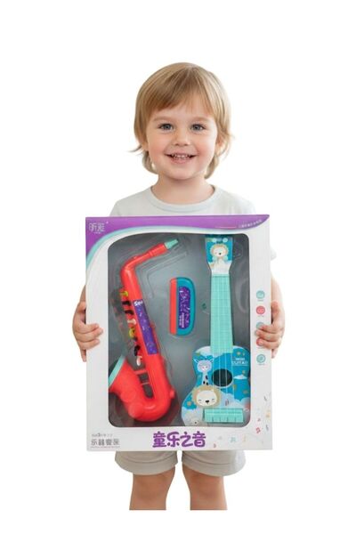 Premium مجموعة ساكسفون وجيتار صغير للأطفال - مجموعة ألعاب موسيقية كرتونية للأطفال الصغار
