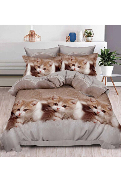 trendyhome Double Bed Linen, 6 PIECES, Satin Cotton, 3D, Kitten Pattern, Cream/Grey, B60-20