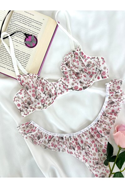 kiari Ecru Tulle Floral Pattern Underwire Cupless Bra Butterfly Thong Ruffle Lingerie Set