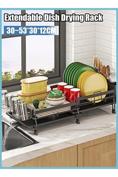 Generic Dish Drying Rack with Drainboard Set Extendable Dish Rack Anti-Rust with Cutlery & Cup Holders