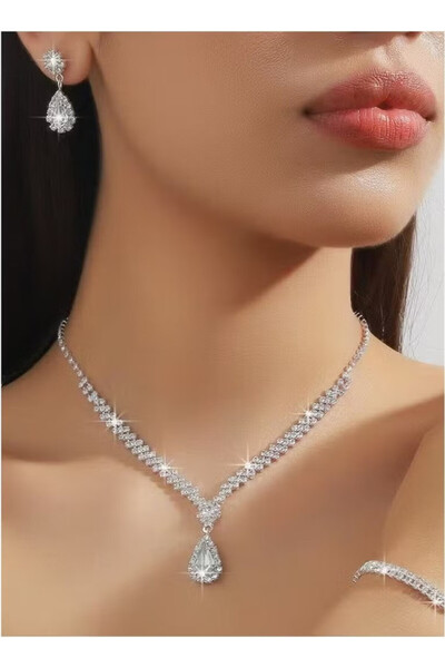 JOGAMS طقم مجوهرات مرصع بأحجار الراين مكون من 3 قطع للنساء، قلادة على شكل قطرة ماء وأقراط متدلية، إكسسوارات لحفلات الزفاف