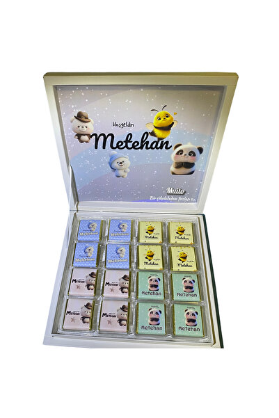 Erkek Bebek Sütlü Madlen Çikolata Isme Özel - Soft Peluş Tasarım Serisi Kutulu - 48 Adet