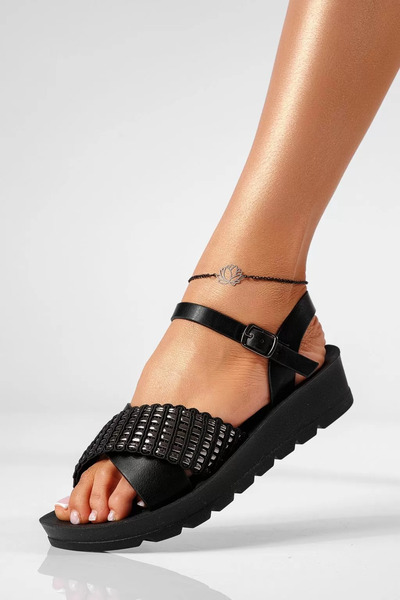 Zaira Γυναικεία μαύρα σανδάλια με χαμηλό τακούνι από οικολογικό δέρμα Sarla #...