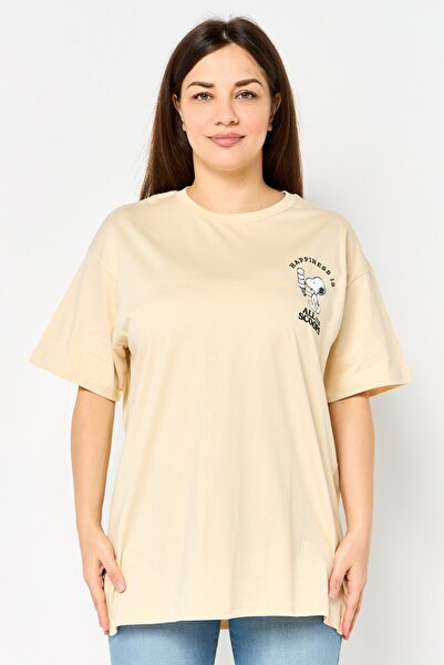 PEANUTS Women Crew Neck Short Sleeve Graphic Print T-Shirt, Beige