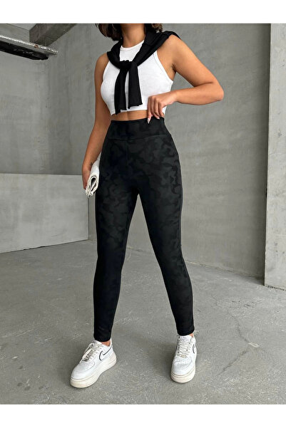 Zerenyus Cloud Patterned Leggings with Hidden Side Zipper Black