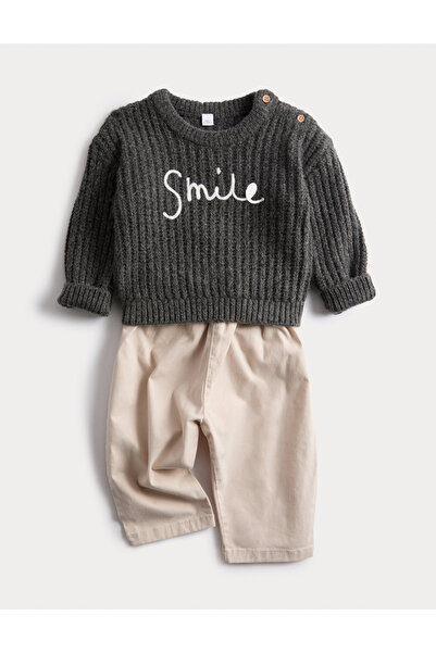 Marks & Spencer Sloganlı Kazak ve Pantolon Takımı (0-6 Ay)