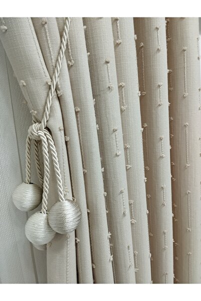 CEMRE PERDE Fon Keten Ponponlu Krem 1/3 Sık Pile (Tavan Broçöl Hediye)