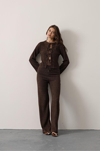 cemo Fitilli Örme Bağlamalı V Yaka Hırkalı Geniş Paça Kadın Pijama"