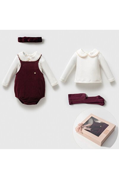 NoyNoy Baby Kız Bebek 4’lü Kadife Tulum Seti (Hediye Kutulu)– Uzun Kollu Body...