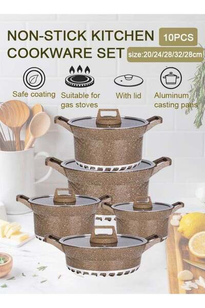 X SPRING 10-piece non-stick cookware set with glass lid, PFOA-free kitchen cookware set (brown)