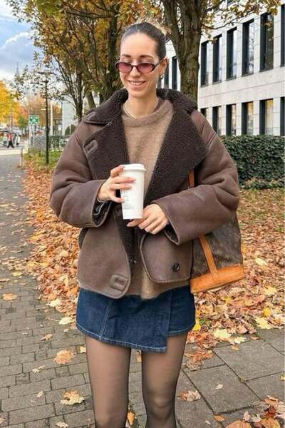 Madmext Brown Oversized Shearling Suede Jacket Mg2622