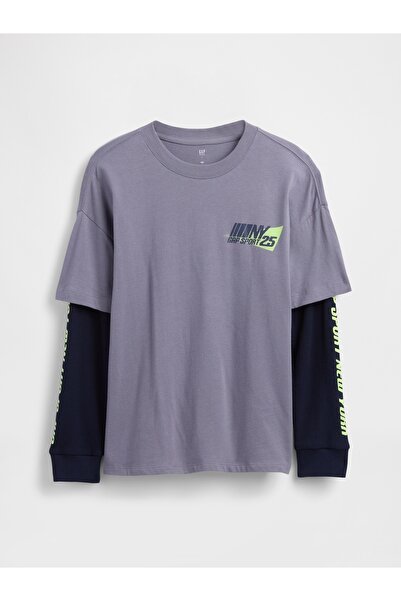 GAP Erkek Çocuk Mor 2-in-1 Grafik Logo T-Shirt