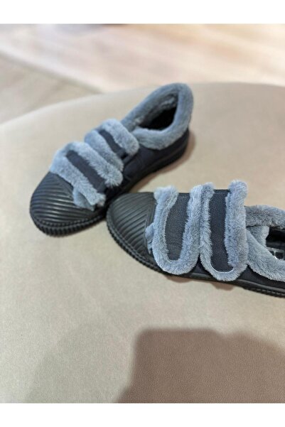 BABLACK 100% Leather Plush Detailed Snap-On Women's Sneaker Navy Blue