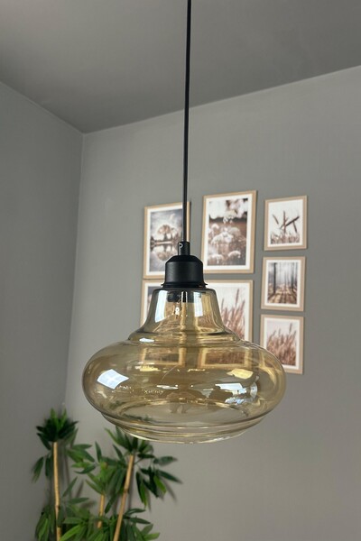 Bamyum Lumsa Cam Bal Rengi Tekli Avize Siyah Yarım Lale Başlık Retro Sarkıt L...