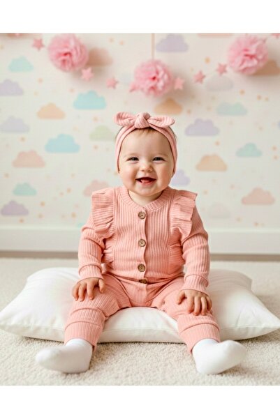 ELLO BABY Yavruağzı Bandanalı 2’li Kız Bebek Tulum 3-6-9 Aylık