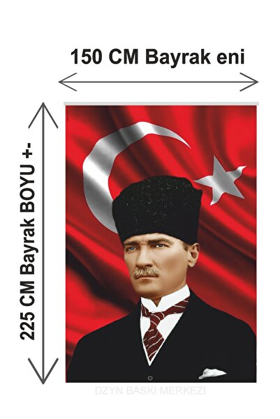 Dizayn Medya Baskı Merkezi Atatürklü Bayrak 150x225 Cm . Kalpaklı ATA POSTERİ...