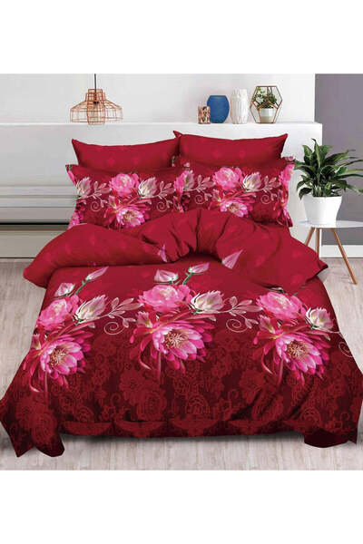 trendyhome Double Bed Linen, 6 PIECES, Satin Cotton, 3D, Floral Pattern, Red B60-16