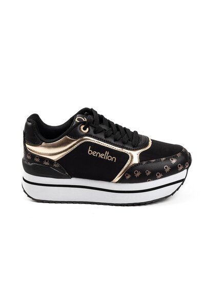 Benetton Black Platform Sneaker with Gold Detailed Logo and High Sole