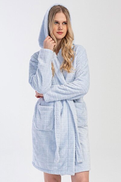 VİENETTA ثوب نوم نسائي بغطاء رأس بأكمام طويلة من قماش ويلسوفت ذو ملمس ناعم باللون الأزرق C7T1N1304
