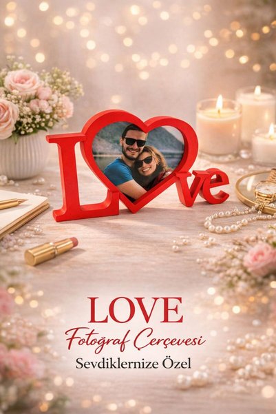 YSR HOME LOVE Dekoratif Fotoğraf Çerçevesi | Kırmızı Kalpli Tasarım | Masa Üs...
