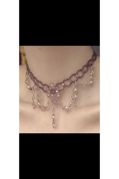 SHİNELİZE Violet kolye ,Mor kristal boncuk detaylı choker tarzı sarkantılı kolye