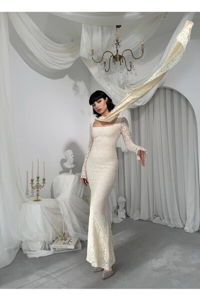 Nils Kids Butik Kare Yaka Zarif Siluet Dantel Dokulu Balık Abiye Elbise