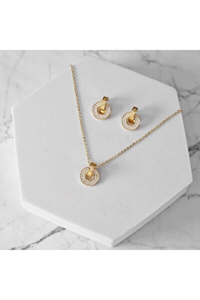 Un طقم اكسسوار زركون ناعم دائري – عقد وحلق بتصميم أنيق