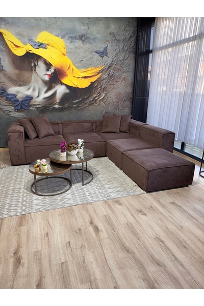 Erduran Mobilya Angelo 5 modül acı kahve fitilli kadife köşe koltuk takımı