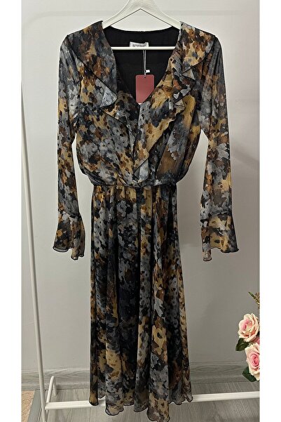 STEPS Fiore Yakası Volanlı Lüks Şifon Elbise