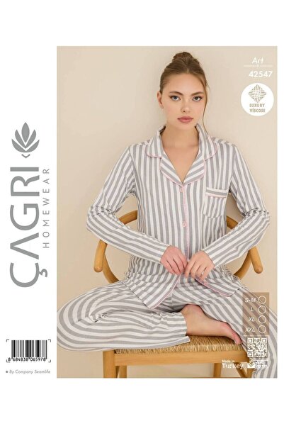 Çağrı Women's Viscose Long Sleeve Button down Shirt Pajama Set