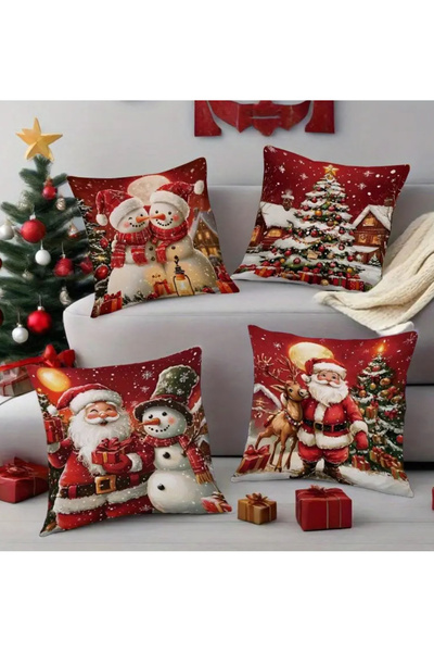 CN مجموعة من 4 قطع من أغطية الوسائد ذات طابع عيد الميلاد، باللون الأحمر ونمط سانتا كلوز ورجل الثلج وشجرة عيد الميلاد