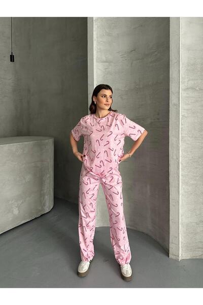 Trendalya Pink Candy Patterned 100% Cotton Short Sleeve Women's Pajama Set