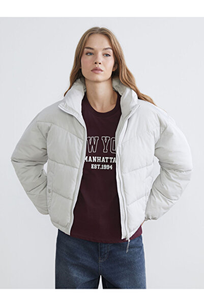 LC Waikiki Palton puf pentru femei, gri guler ridicat