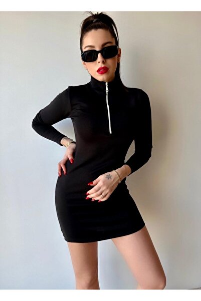 Zerenyus Women's Turtleneck Zipper Detail Mini Dress Black