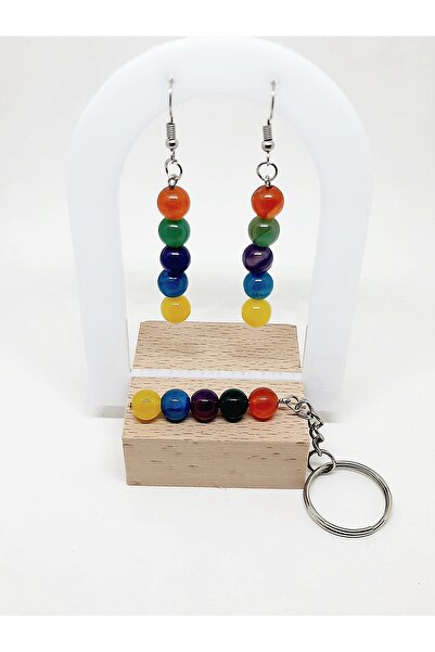 Kusakli Colorful Agate Chakra Earrings-Keychain Set
