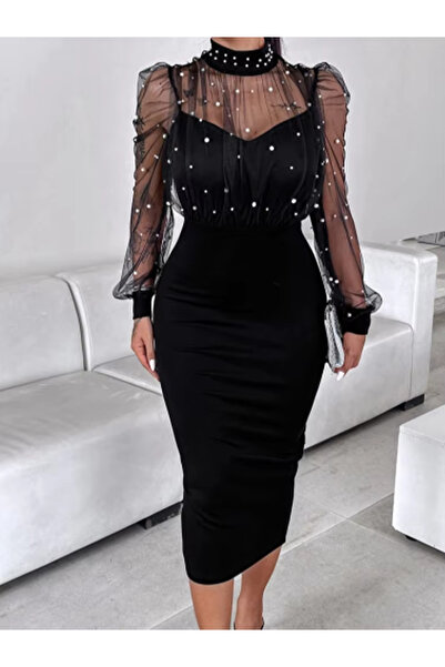 JANES Γυναικείο μακρυμάνικο φόρεμα με λαιμόκοψη από τούλι με λεπτομέρεια από πέρλες, μακρύ κρεπ, για ειδικές περιστάσεις-γάμους και προσκλήσεις