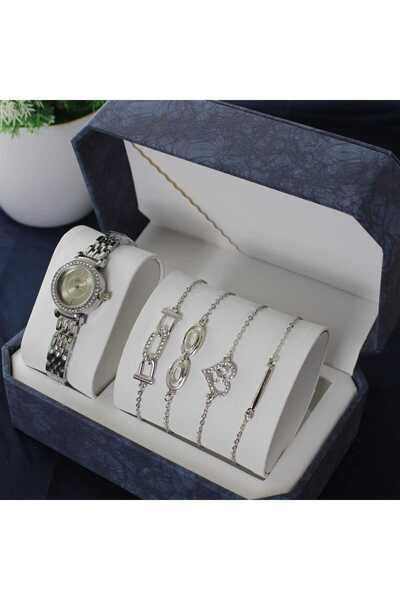 rovan Elegant gift set: a studded silver wristwatch and 4 chain bracelets in ...
