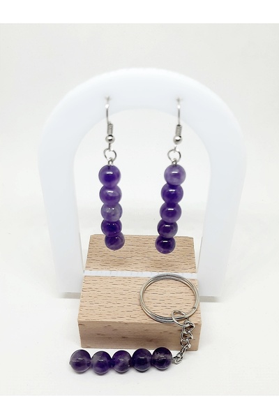 Kusakli طقم أقراط وسلسلة مفاتيح من حجر الجمشت