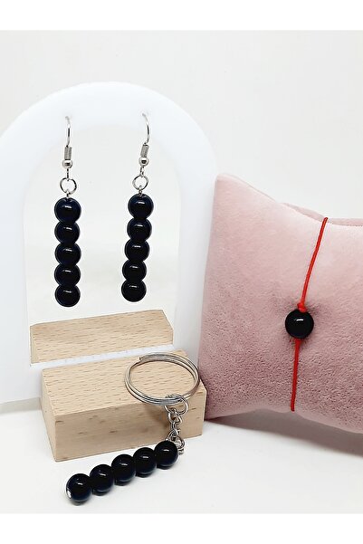 Kusakli Shiny Onyx Earrings Keychain Rope Bracelet Set
