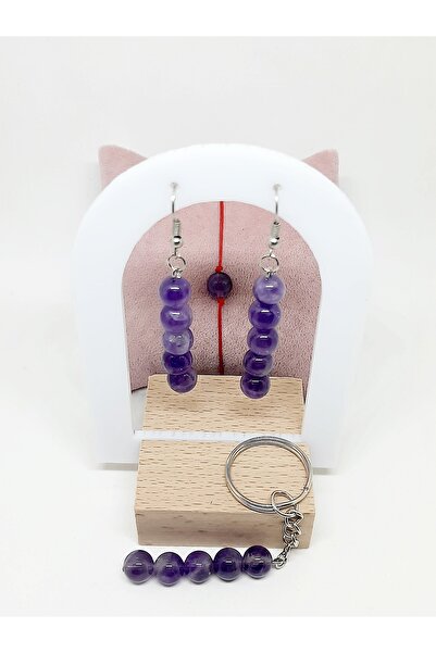 Kusakli مجموعة سوار وأقراط وسلسلة مفاتيح من حجر الجمشت