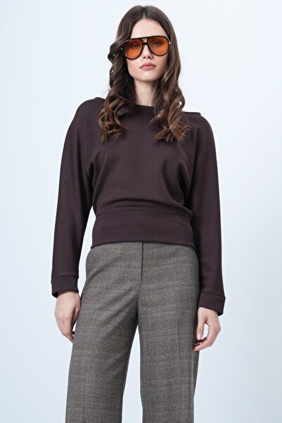 Trend Alaçatı Stili Kadın Kahverengi Yarasa Kol Kayık Yaka Oversize Bluz Vs01548