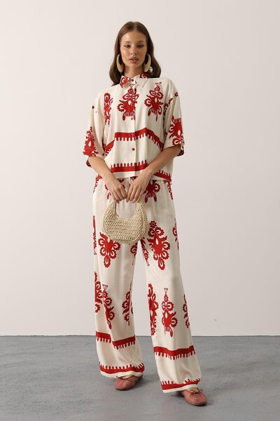 Trend Alaçatı Stili Women's Burgundy Patterned Short Sleeve Shirt and Pants S...