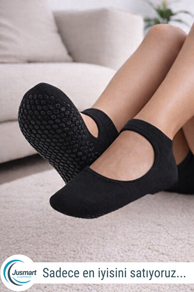 Jusmart Siyah Kadın Babet Yoga Çorabı ◆ Pamuklu Kaymaz Silikon Taban ◆ Yoga P...