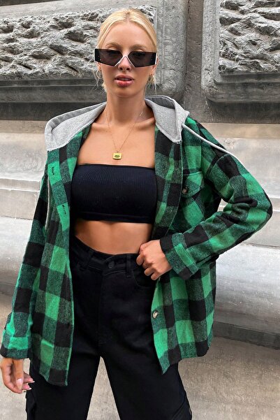 Trend Alaçatı Stili Women's Green Hooded Oversize Pocketed Buttoned Plaid Shi...