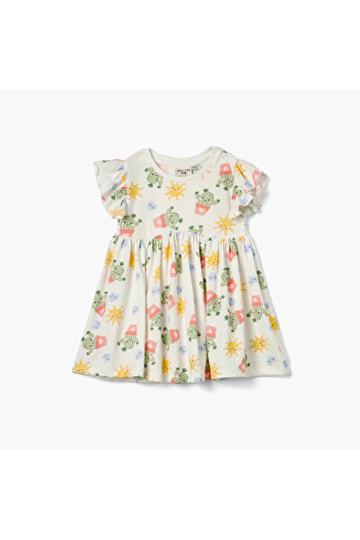 Juniors فستان مطبوع بالكامل بأكمام مكشكشة ورقبة دائرية