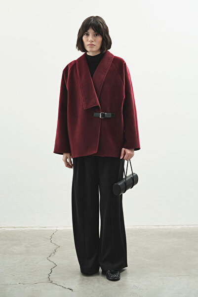 Hooopstore Belt Buckle Embroidered Burgundy Coat