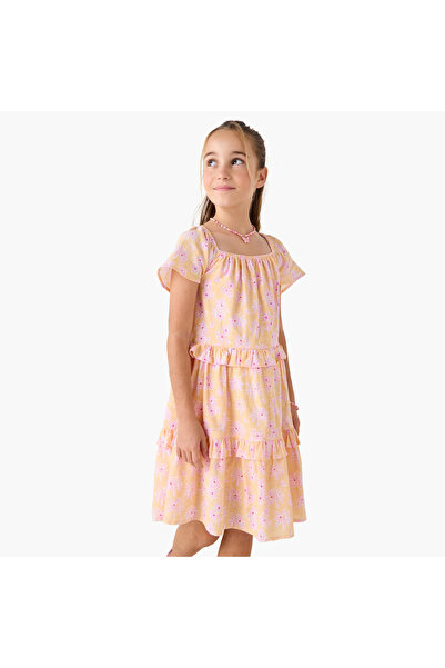 Juniors Floral Print Tiered Dress with Square Neck and Ruffle Detail
