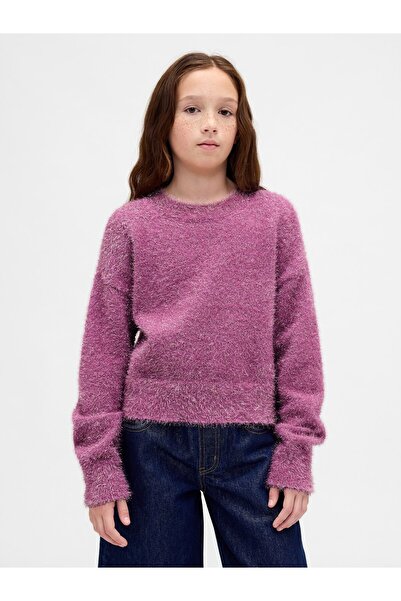 GAP Kız Çocuk Pembe Metallic Eyelash Bisiklet Yaka Kazak