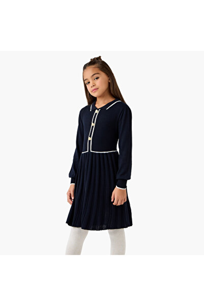 Juniors Collared Long Sleeves Knee Length Sweater Dress with Stockings